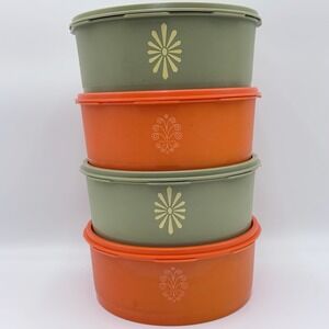 Tupperware Servalier Canister 4-Set & Lids Orange & Green Seal 1204 VTG MCM 70's